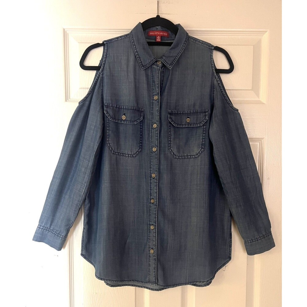Saks Fifth Avenue Blue Chambray Lyocell Collared Button-Up Shirt S